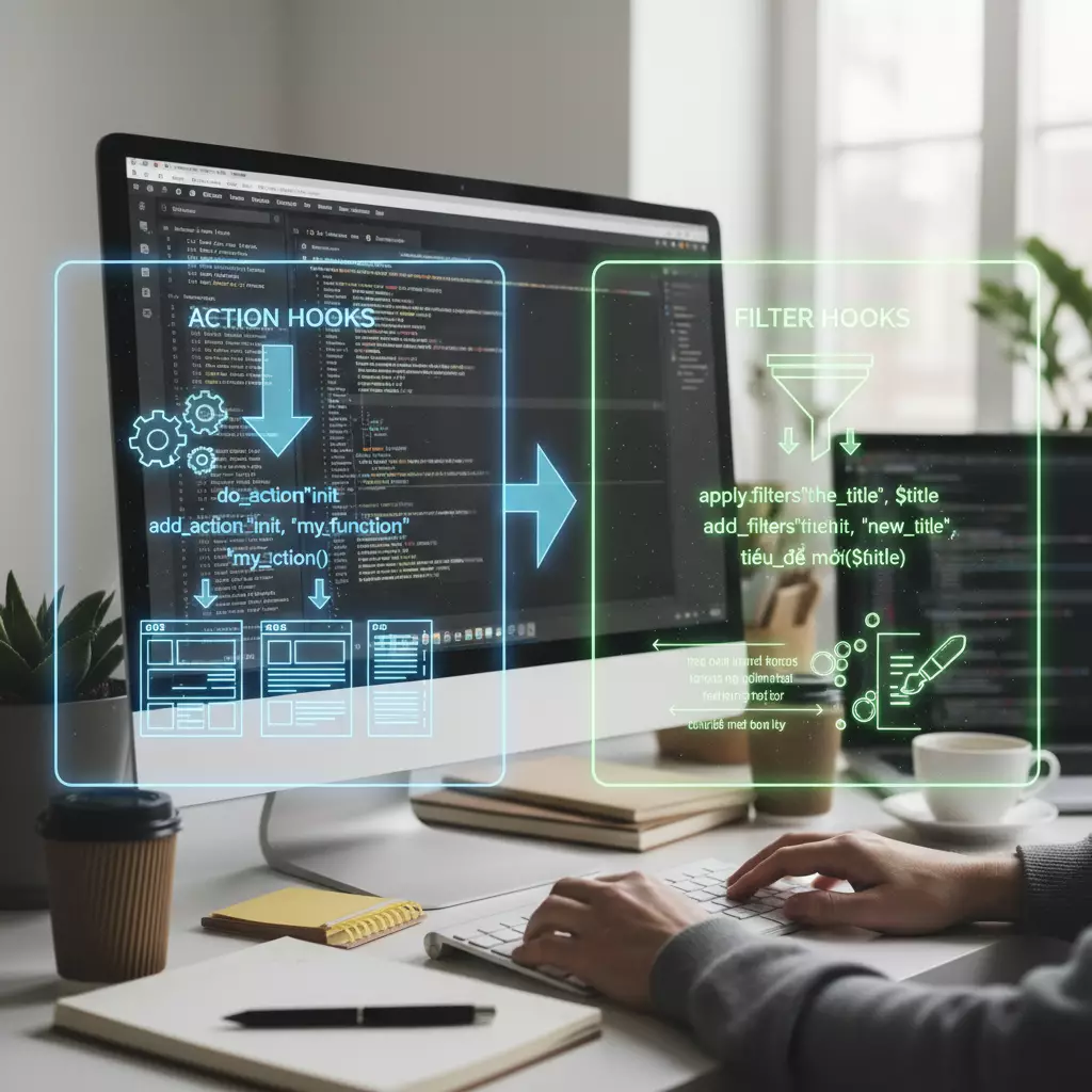 Minh họa c&aacute;ch Action Hooks v&agrave; Filter Hooks tương t&aacute;c với luồng dữ liệu v&agrave; h&agrave;nh động trong WordPress