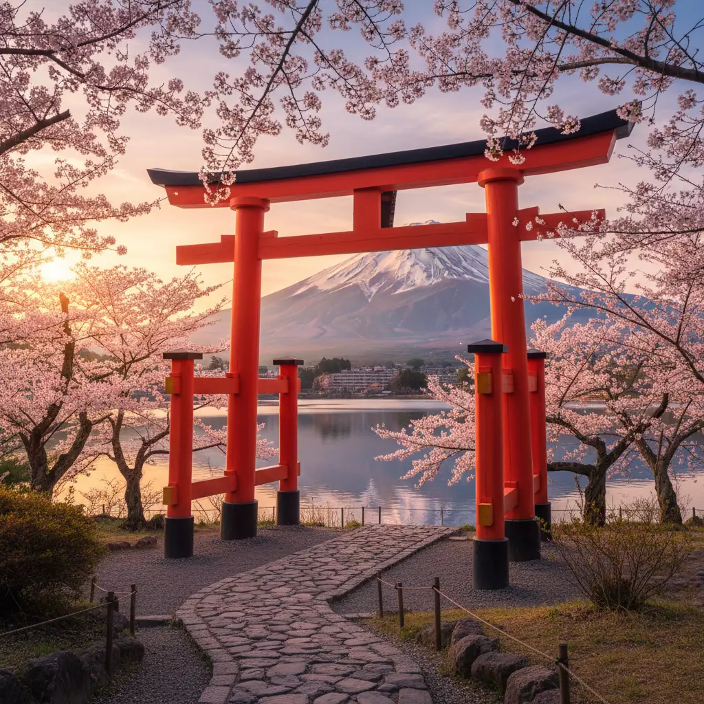 N&uacute;i Ph&uacute; Sĩ v&agrave; hoa anh đ&agrave;o biểu tượng của vẻ đẹp Nhật Bản