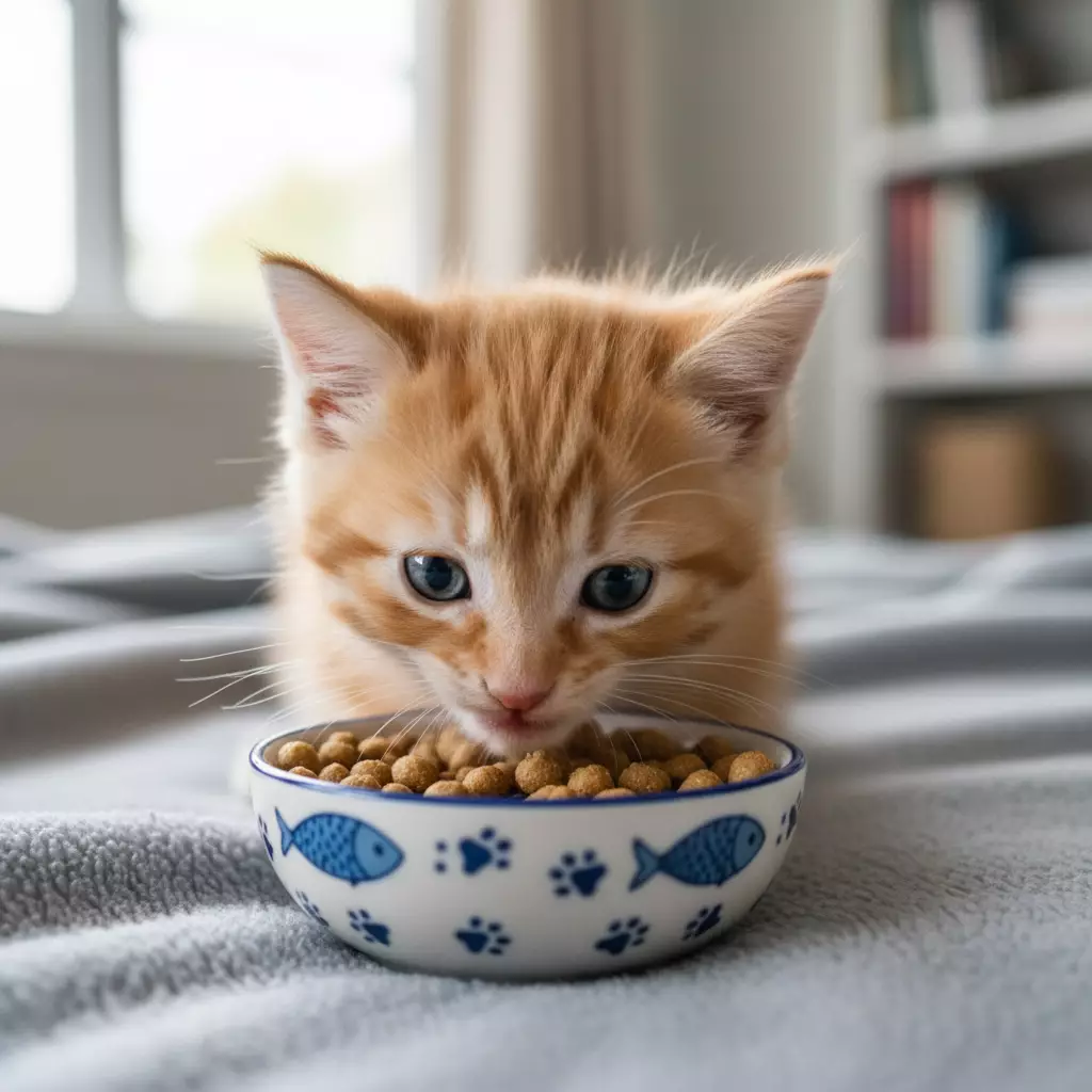 Một con m&egrave;o con đang thưởng thức bữa ăn hạt dinh dưỡng cần thiết cho sự ph&aacute;t triển của ch&uacute;ng