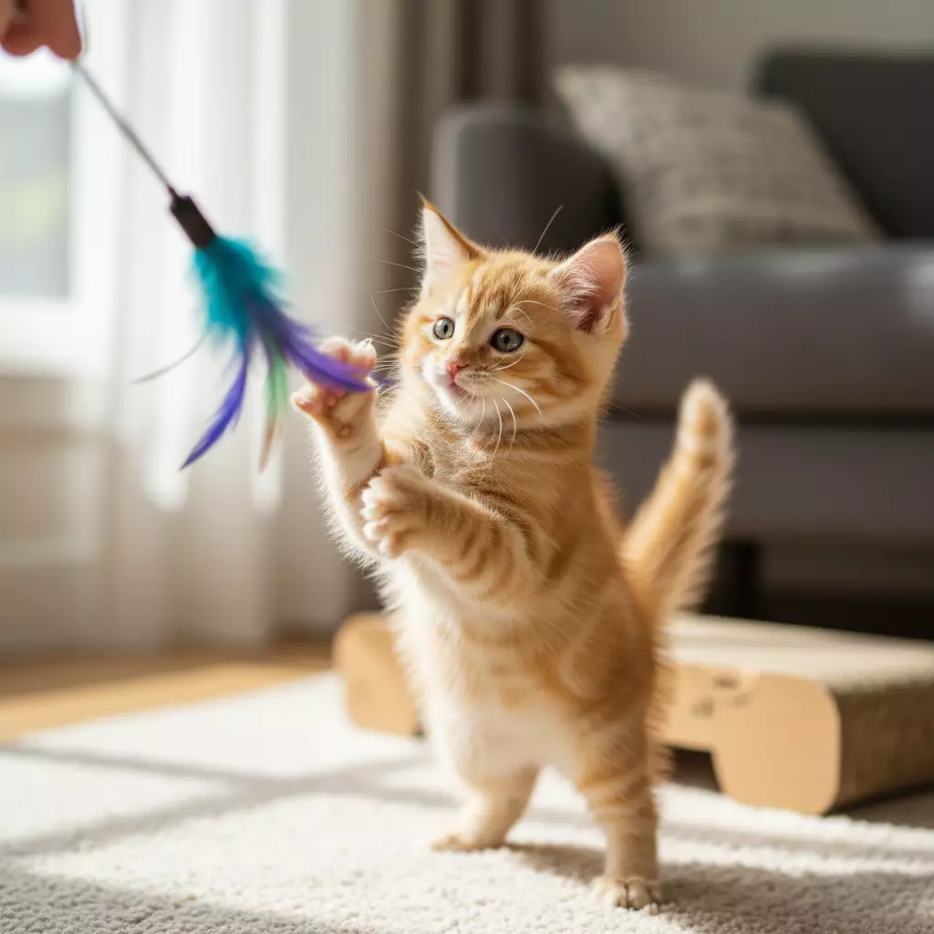 Một con m&egrave;o con năng động đang vui vẻ chơi đ&ugrave;a với đồ chơi cần c&acirc;u gi&uacute;p ph&aacute;t triển kỹ năng săn bắt